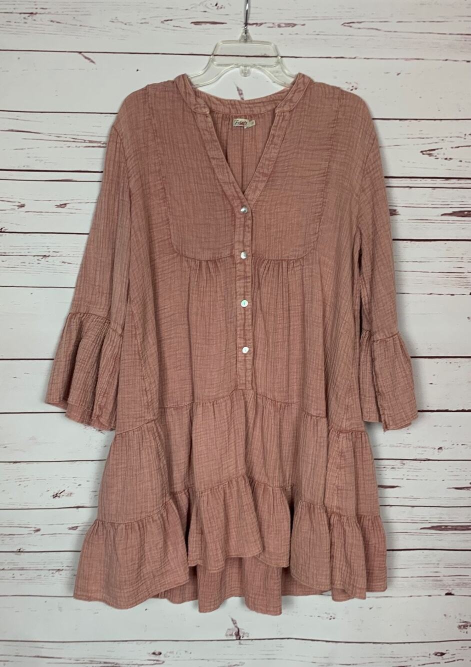 Faherty Women's L Large Rose Pink Ruffle Tiered Button 100% Organic Cotton Dress